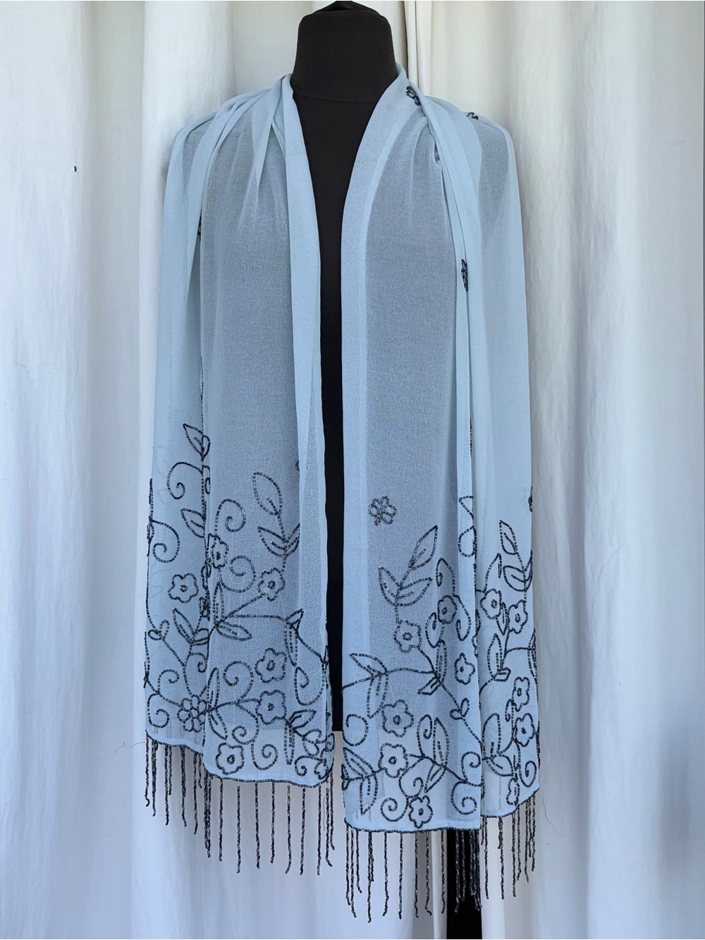 Sheer Floral Beaded Fringe Scarf Shawl, Y2K Boho Fairy Grunge Whimsygoth Party